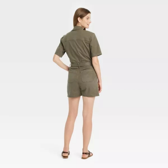 Universal Thread Button Front Short Sleeve Romper in Olive Navy Green Size 2 & 8 - Picture 2 of 10